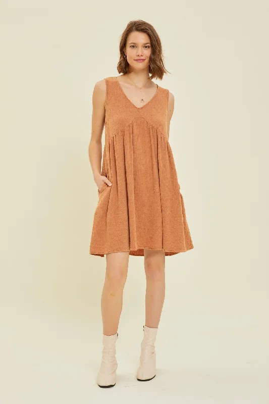 Women's mini dress muse chic -Rust Mineral-Washed Gauze V-Neck Flare Mini