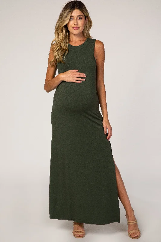 ladies-maxi-dress-ankle-allure-Olive Side Slit Maternity Maxi Dress