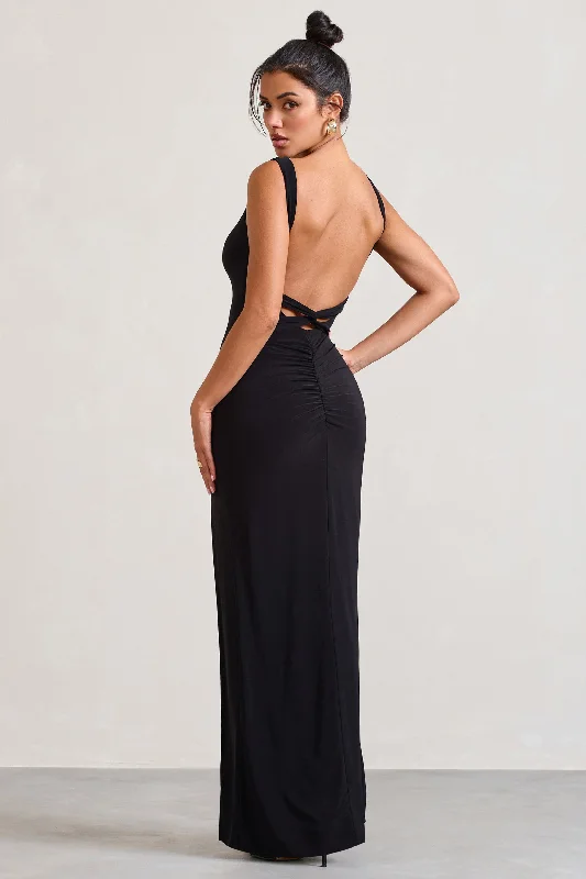 ladies-maxi-dress-wrap-whimsy-Elle | Black Square-Neck Open-Back Split Maxi Dress