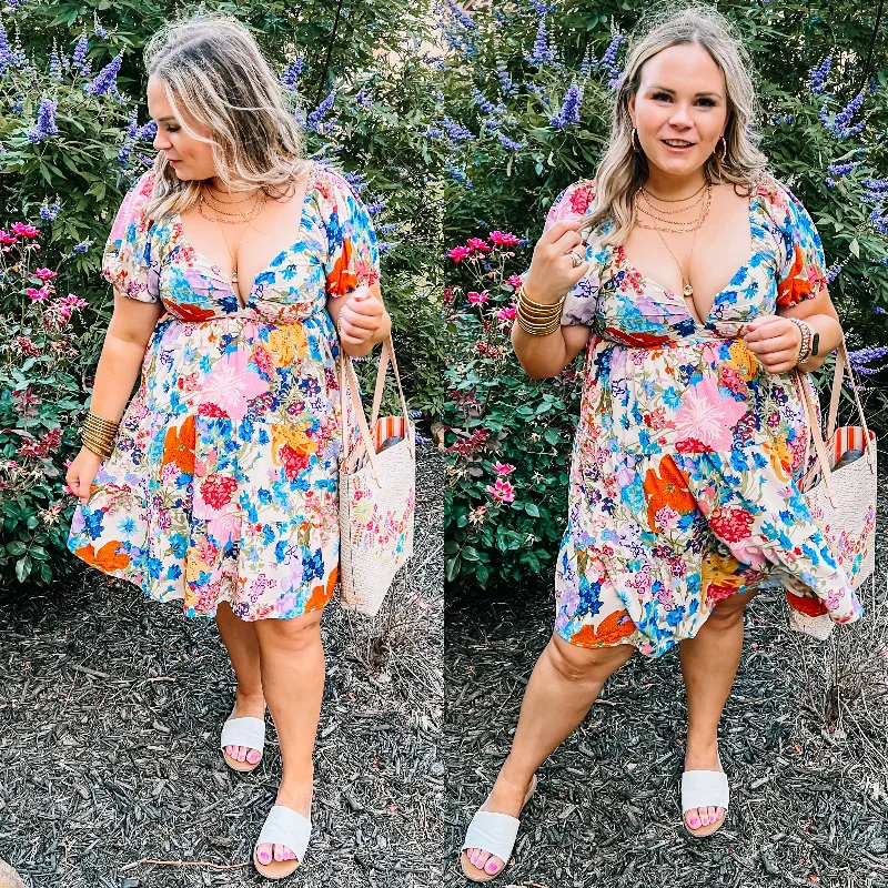 ladies-floral-dress-sustainable-sunset-Last Chance Size Medium | Savor The Sunshine Floral Print Babydoll Dress in Ivory Mix