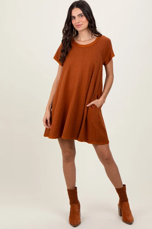 Women's mini dress full chic -Rust French Terry Basic Short Sleeve Mini Dress