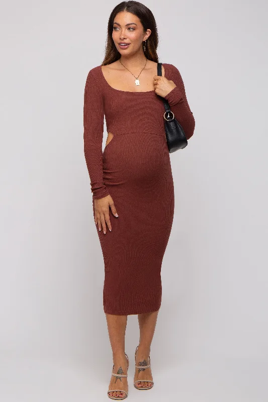 ladies-midi-dress-floral-finesse-Brown Rib Knit Side Cutout Maternity Midi Dress