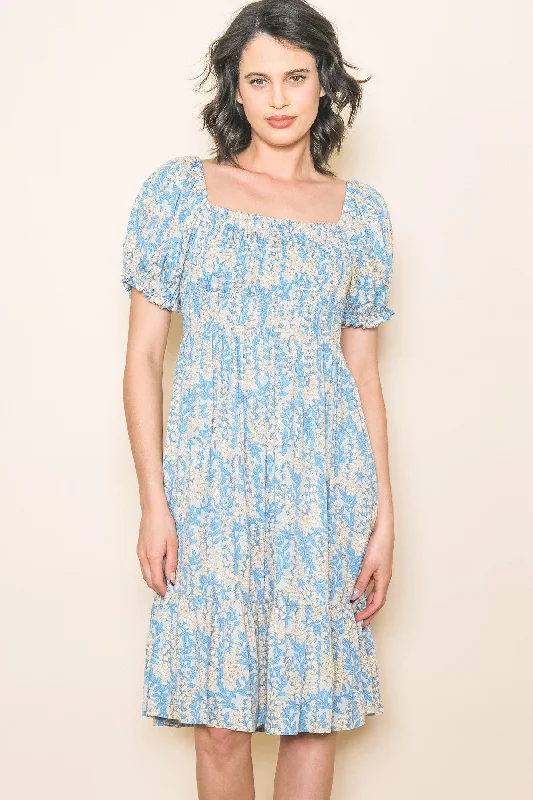 ladies-floral-dress-winter-wisteria-Blue Floral Puff Sleeve Smocked Chest Dress