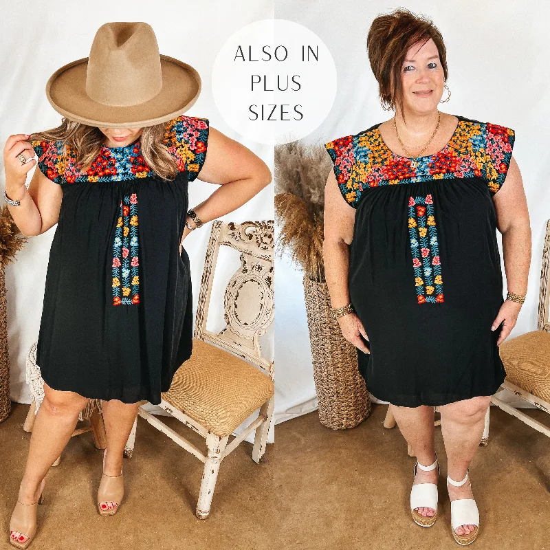 ladies-floral-dress-work-to-wildflower-Headed For Happy Floral Embroidered Cap Sleeve Dress in Black