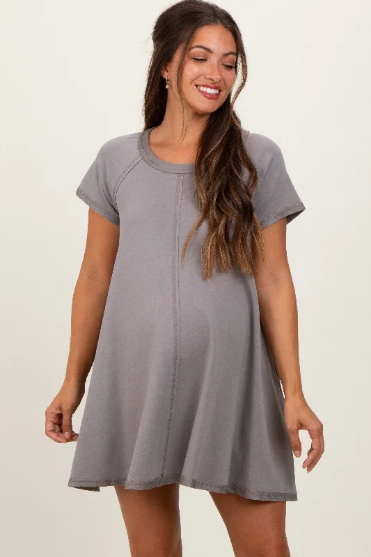 Women's mini dress fit flair -Mocha French Terry Basic Short Sleeve Maternity Mini Dress