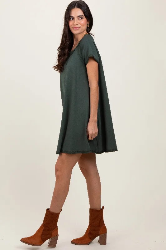 Women's mini dress half flair -Forest Green French Terry Basic Short Sleeve Mini Dress