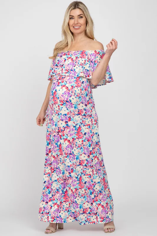 ladies-maxi-dress-swingy-silk-Pink Floral Off Shoulder Maternity Maxi Dress