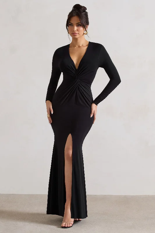 ladies-maxi-dress-edgy-ember-Tianna | Black Plunge-Neck Twisted Split Maxi Dress