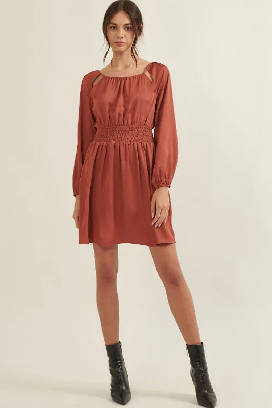 Women's mini dress rise chic -Cinnamon Solid Round Neck Smock Waist Mini Dress