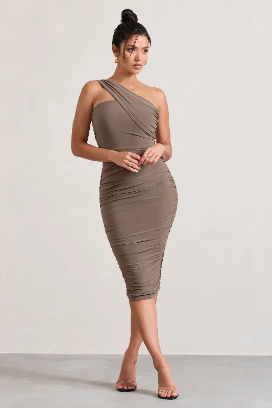 Women's bodycon dress bump glow -Contour | Mocha One Shoulder Bodycon Midi Dress