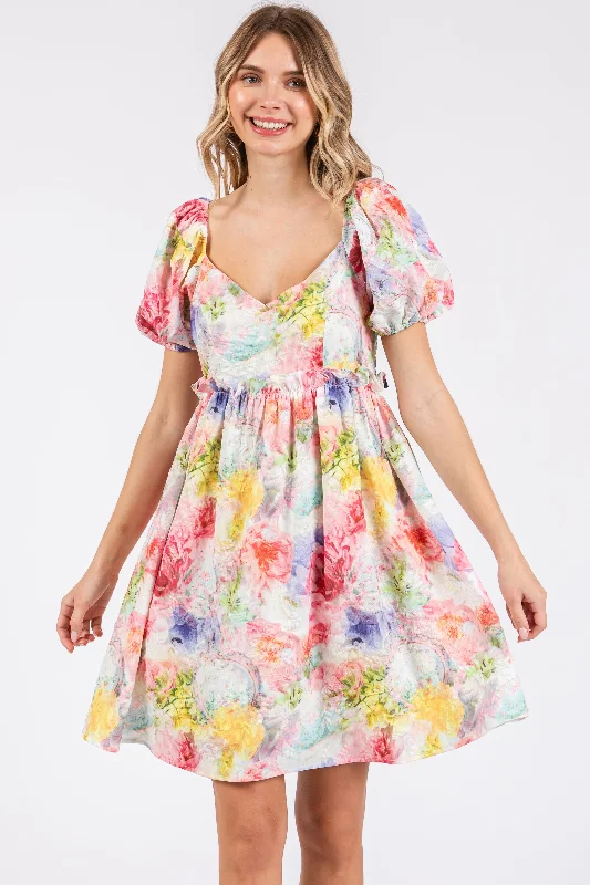 ladies-floral-dress-tulle-twist-Multi-Color Floral V-Neck Short Puff Sleeve Ruffle Waist Dress