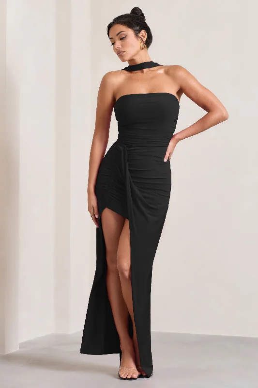 ladies-maxi-dress-sophisticated-sweep-Paprika | Black Ruched Halter-Neck Bandeau Maxi Dress