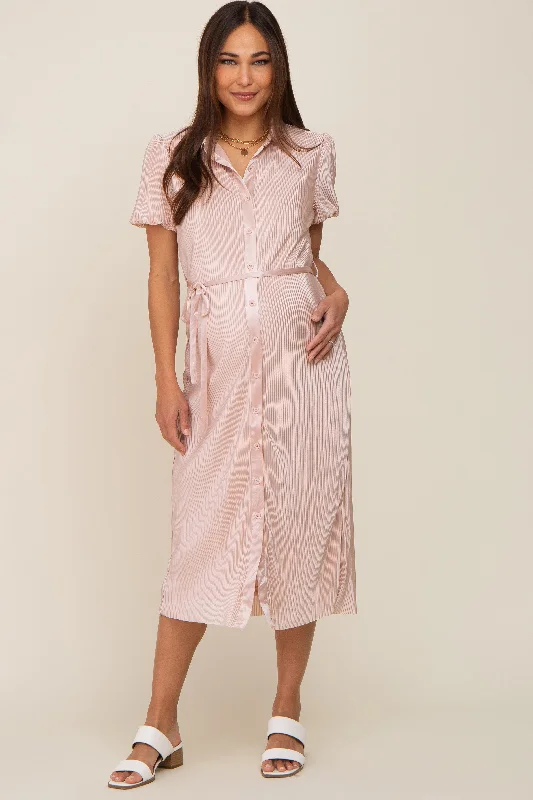 ladies-midi-dress-high-neck-harmony-Light Pink Pleated Button-Down Collared Maternity Midi Dress