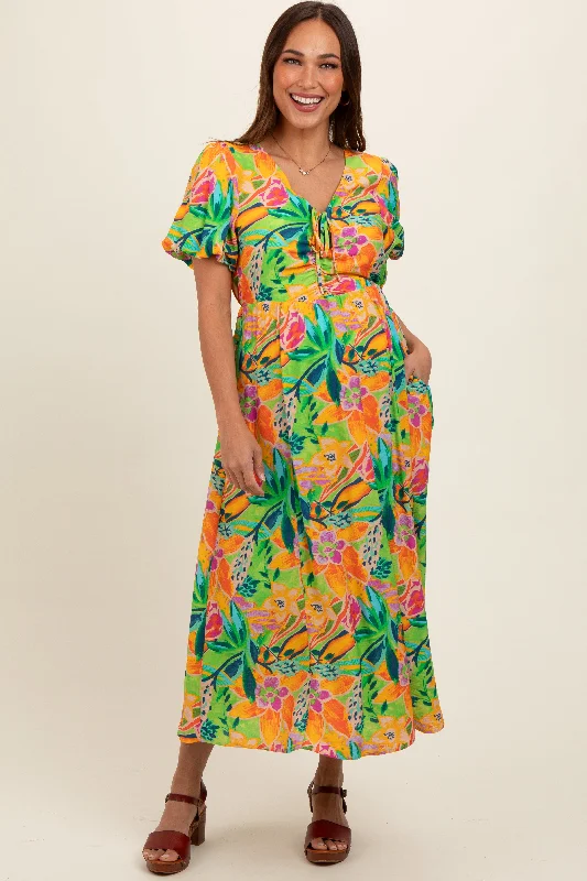 ladies-midi-dress-lightweight-lure-Lime Floral Puff Sleeve Maternity Midi Dress