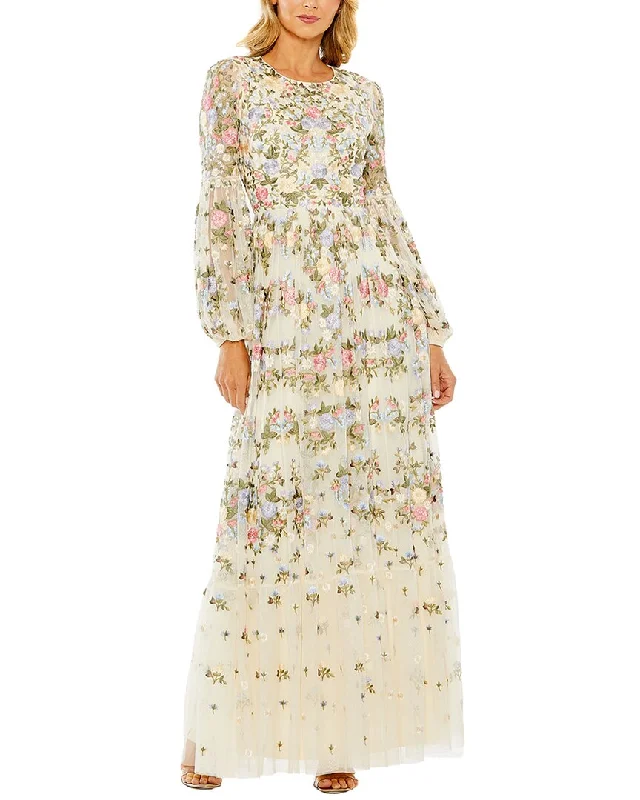 ladies-floral-dress-casual-charm-Mac Duggal High Neck Floral Embroidered Puff Sleeve Gown