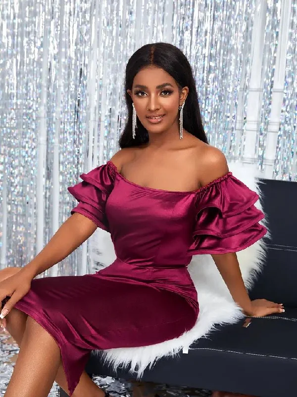 Women's party dress sparkly -Women Satin Party Dress Slash Neck Short Puff Sleeve Shoulder Bodycon Clubwear Summer Event S4653623