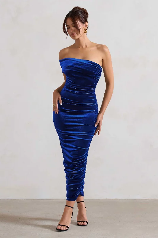 Women's bodycon dress dot chic -Remember Me | Cobalt Blue Velvet Ruched Asymmetric Bodycon Midi Dress