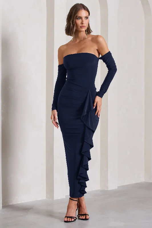 ladies-maxi-dress-ruched-rush-Montana | Navy Bardot Ruffle Maxi Dress