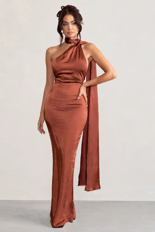 ladies-maxi-dress-lavender-lush-Mademoiselle | Rust Satin Asymmetric Scarf Neck Backless Maxi Dress