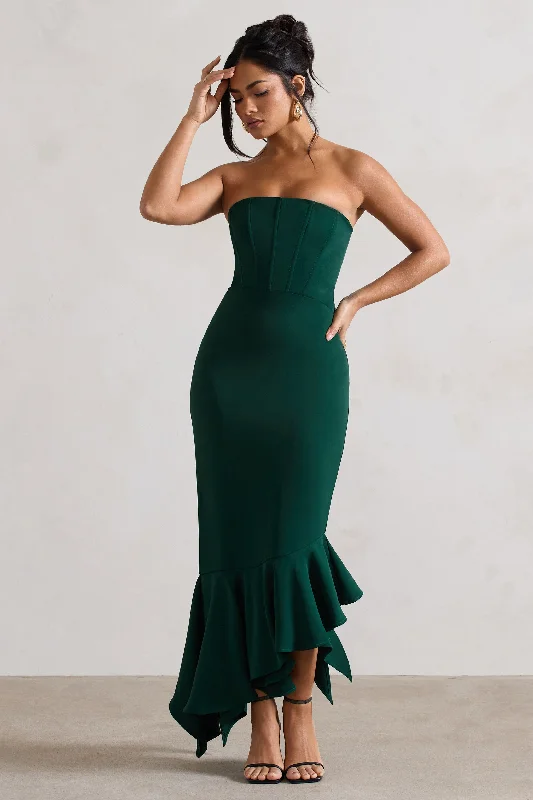 ladies-maxi-dress-opal-orchid-Sandy | Bottle Green Strapless Corset Asymmetric Maxi Dress