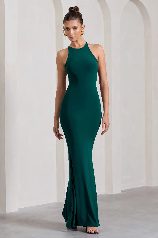 ladies-maxi-dress-forest-fable-Brianna | Bottle Green Sleeveless Halter-Neck Open-Back Maxi Dress