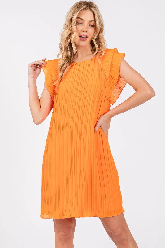 Women's mini dress 60s flair -Orange Flutter Sleeve Pleated Chiffon Mini Dress