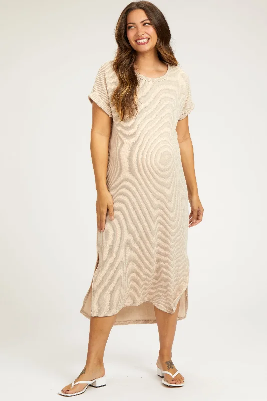 ladies-midi-dress-beige-bliss-Beige Ribbed Short Sleeve Maternity Midi Dress