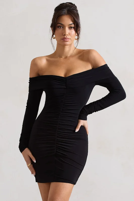 Women's bodycon dress calm flair -Leola | Black Ruched Bodycon Bardot Long Sleeve Mini Dress