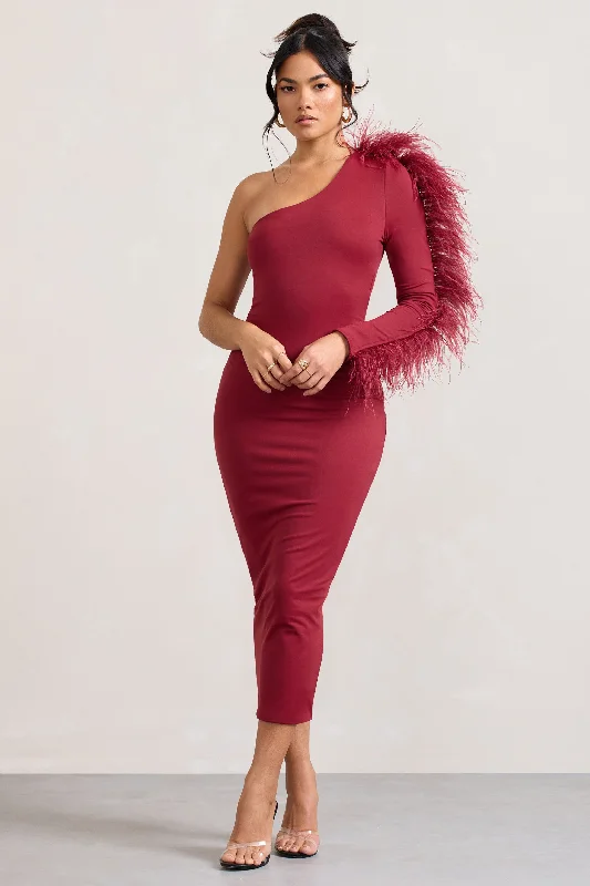 Women's bodycon dress mid flair -Wild One | Burgundy One-Shoulder Bodycon Midi Dress With Feather-Trimmed Sleeve