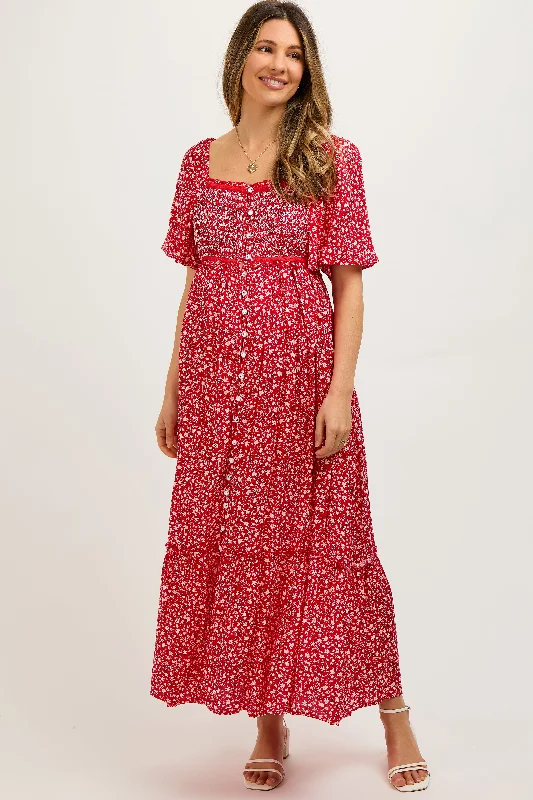 ladies-midi-dress-street-sweep-Red Floral Button Front Maternity Midi Dress