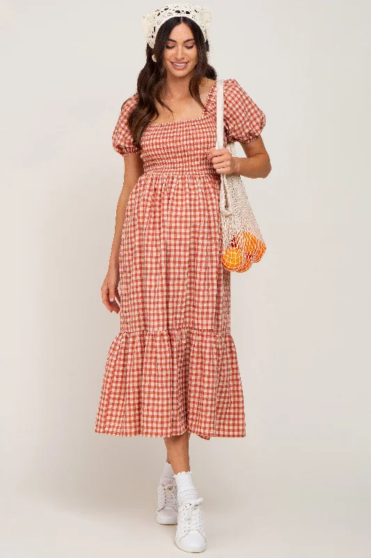 ladies-midi-dress-breathable-breeze-Rust Gingham Smocked Maternity Midi Dress