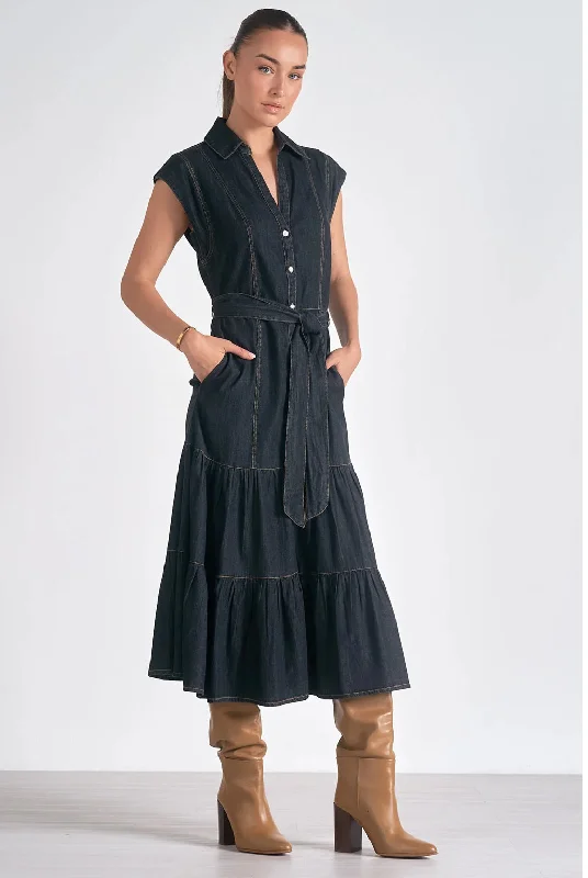 ladies-midi-dress-wedding-waltz-Elan Daria Midi Denim Dress Black