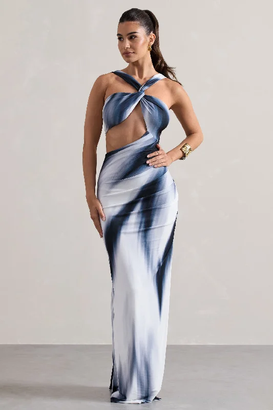 ladies-maxi-dress-mesh-muse-Chorus | White Print Halter-Neck Split Maxi Dress With Cut-Out