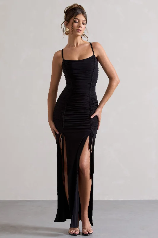 ladies-maxi-dress-youthful-yield-Devon | Black Ruched Strappy Maxi Dress With Splits