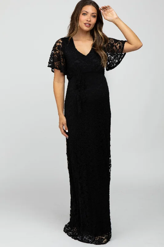 ladies-maxi-dress-matte-mirth-Black Lace Front Tie Maternity Maxi Dress