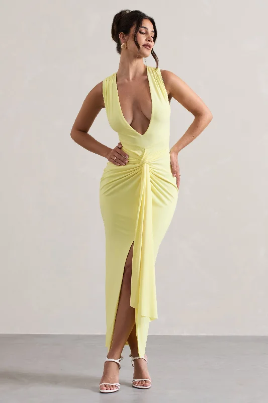 ladies-maxi-dress-green-gleam-Santana | Lemon Plunge-Neck Split Maxi Dress With Knot Detail