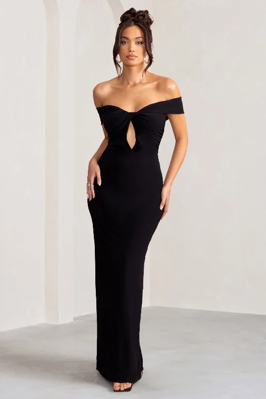 ladies-maxi-dress-tulle-twirl-Arella | Black One Shoulder Twist Front Maxi Dress