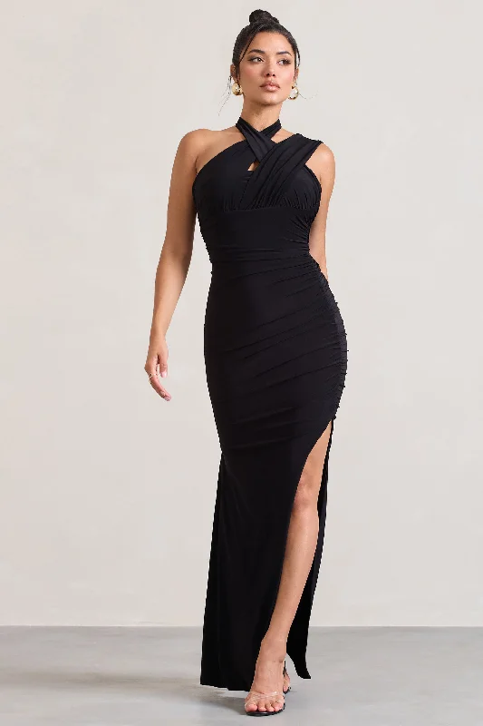 ladies-maxi-dress-gold-glow-Ignite | Black Strappy Halter-Neck Asymmetric Maxi Dress