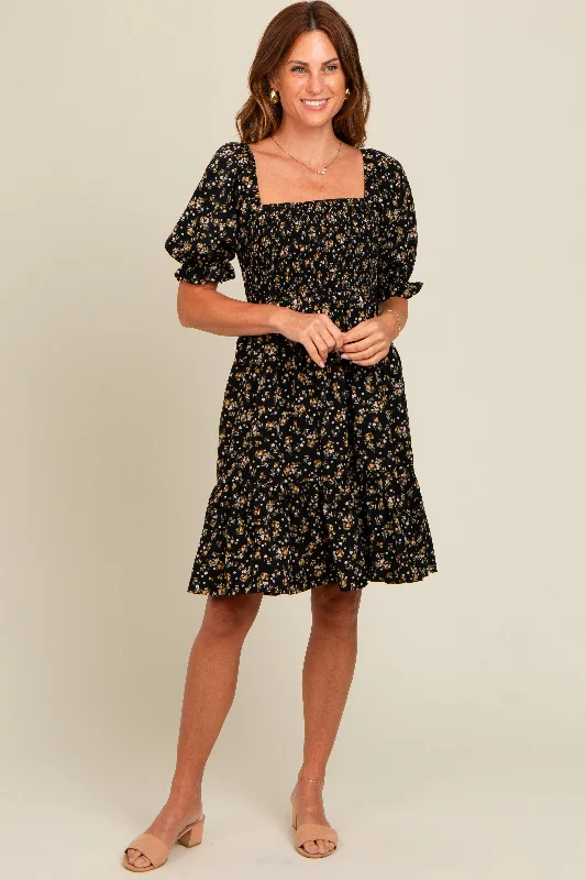 ladies-floral-dress-lemon-lush-Black Floral Smocked Puff Sleeve Dress