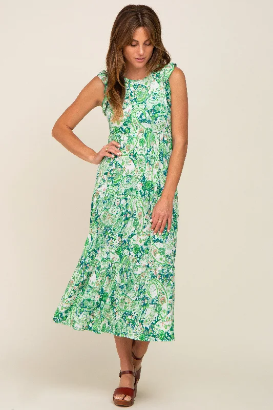 ladies-midi-dress-runway-rush-Green Floral Paisley Tiered Midi Dress