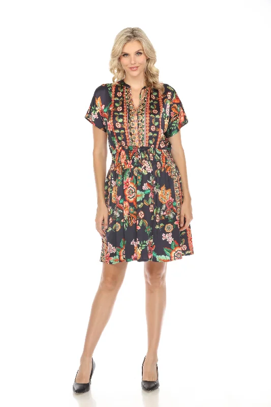 ladies-floral-dress-preppy-petal-Johnny Was Thia Floral Smocked Waist Pleated Slip Dress Boho Chic C34424B6