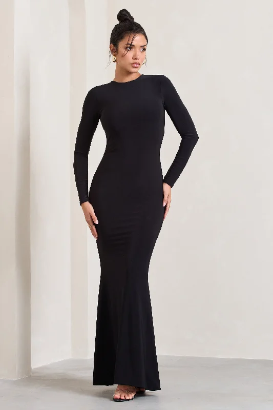 ladies-maxi-dress-lilac-luster-Donna | Black Long-Sleeved Open-Back Maxi Dress