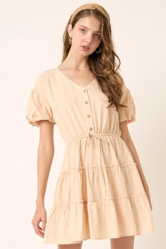 Women's mini dress tiny pop -Beige Puff Sleeve Detail Mini Dress