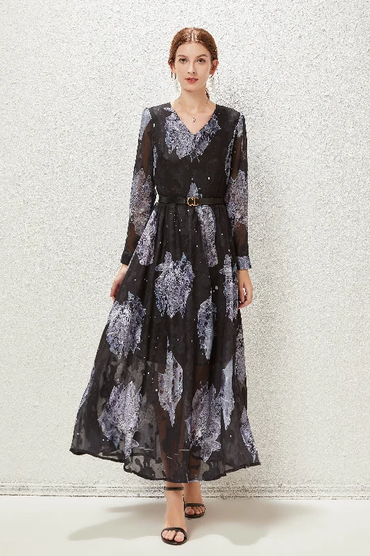 ladies-floral-dress-puff-sleeve-petal-Black & Gray Cocktail A-line V-neck Long Sleeve Tea Floral Dress