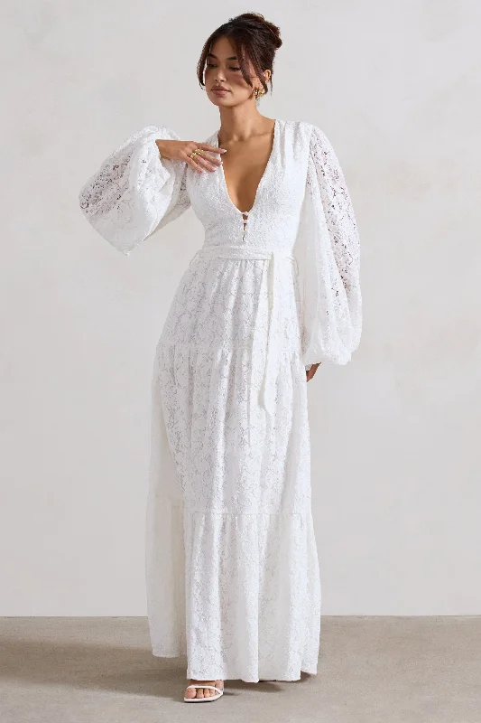 ladies-maxi-dress-solid-sophistication-Nixie | White Lace Puff-Sleeve Layered Maxi Dress With Belt