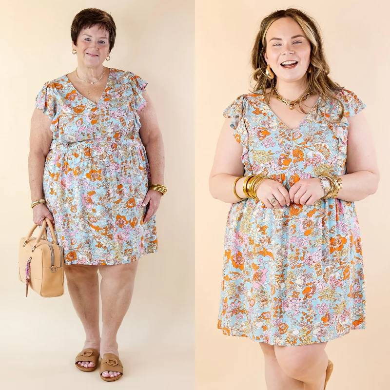 ladies-floral-dress-eco-essence-Sunshine On My Mind Floral Ruffle Cap Sleeve Dress in Light Blue