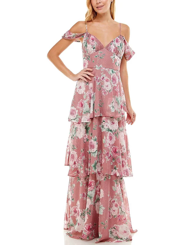 ladies-floral-dress-60s-gerbera-Juniors Womens Floral Chiffon Evening Dress