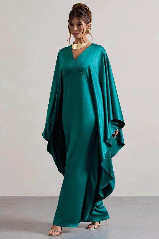 ladies-maxi-dress-low-cut-luster-Alohi | Bottle Green Satin Plunge Cape Maxi Dress