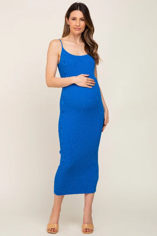 ladies-midi-dress-daytime-drape-Royal Blue Ribbed Cutout Back Maternity Midi Dress