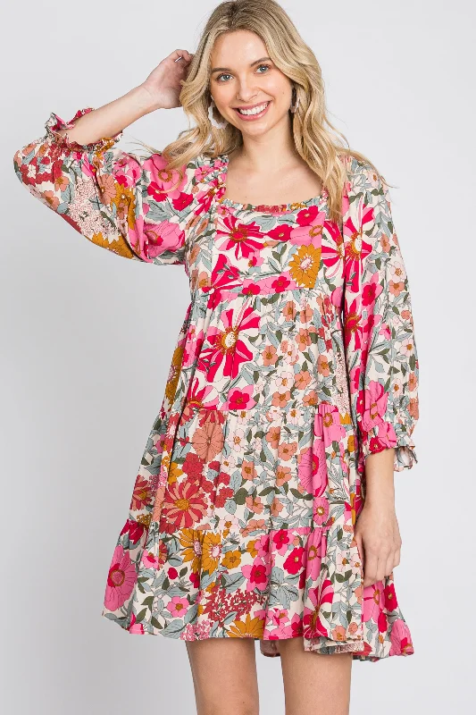 ladies-floral-dress-retro-rosebud-Pink Floral 3/4 Sleeve Tiered Dress